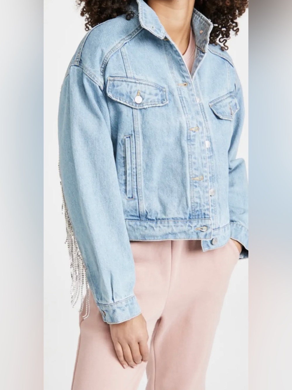 FREE PEOPLE Rhinestone Fringe COMET Denim Bomber Jacket - Picture 6 of 16